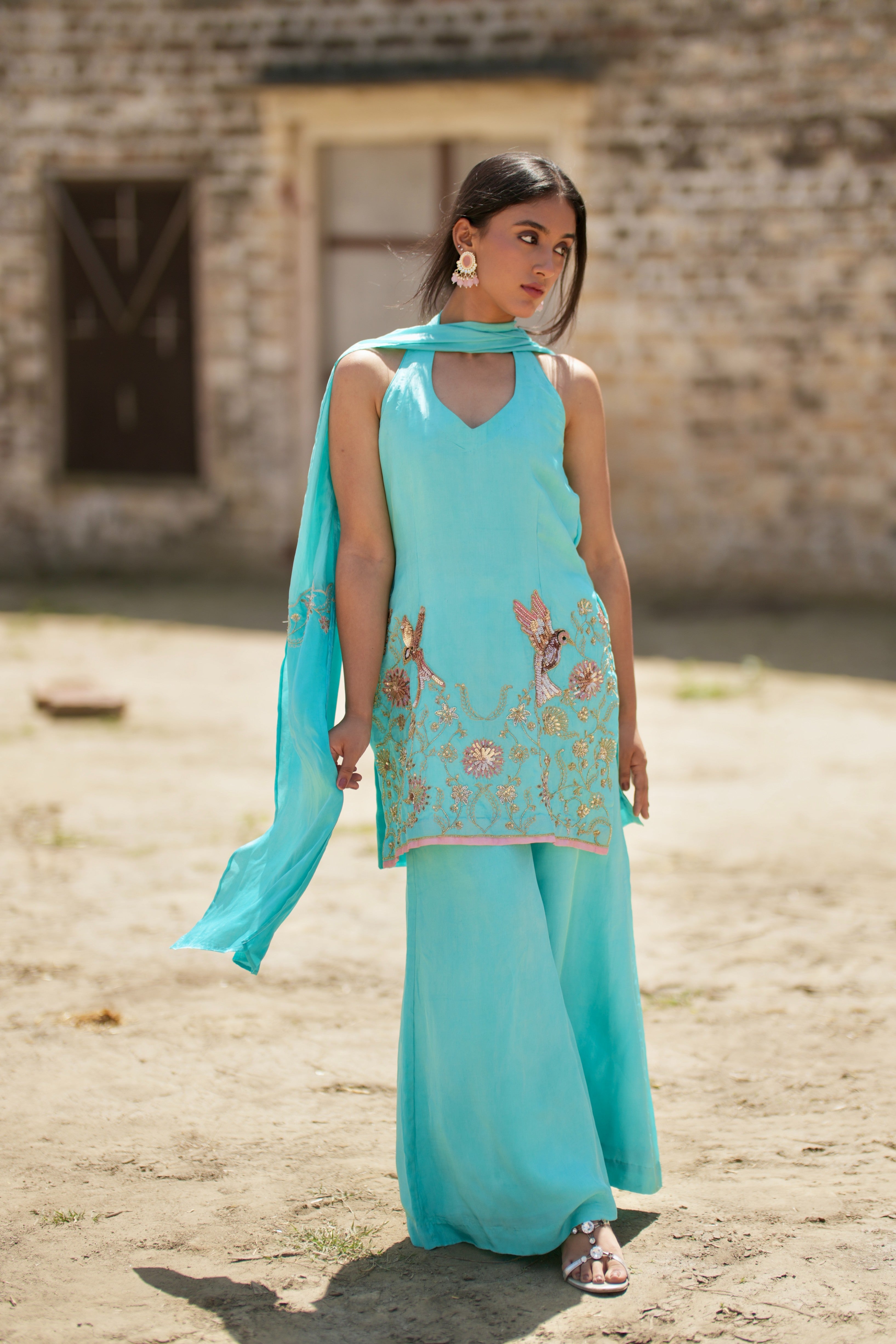 Fiza| Cyan Blue Hand-Embroidered Dola Silk Kurta Set | Tarah by Tripti