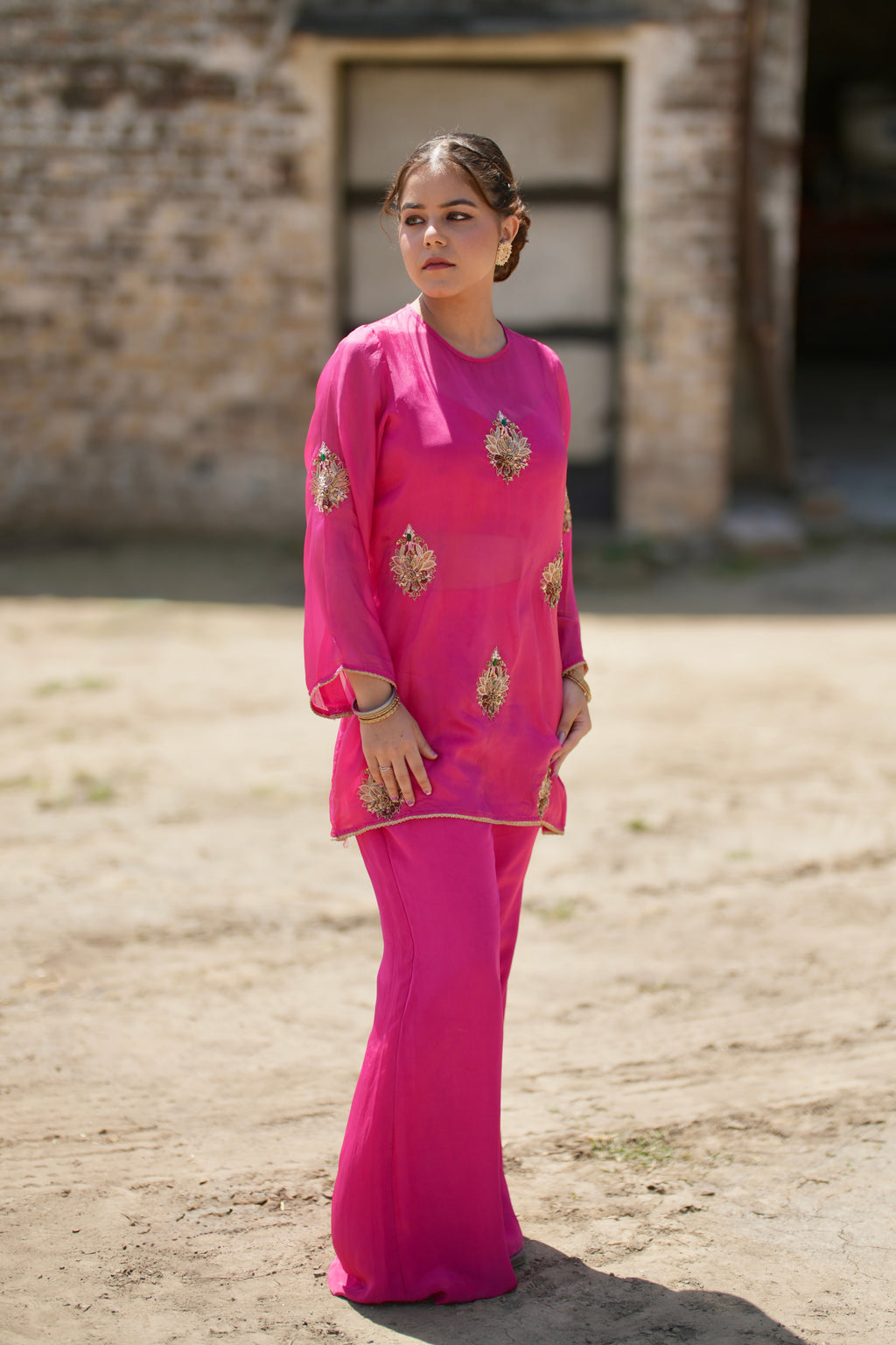 Ravaani Set | Fuchsia Pink Hand-Embroidered Silk Shirt with Bustier & Crepe Pants by Tarah by Tripti