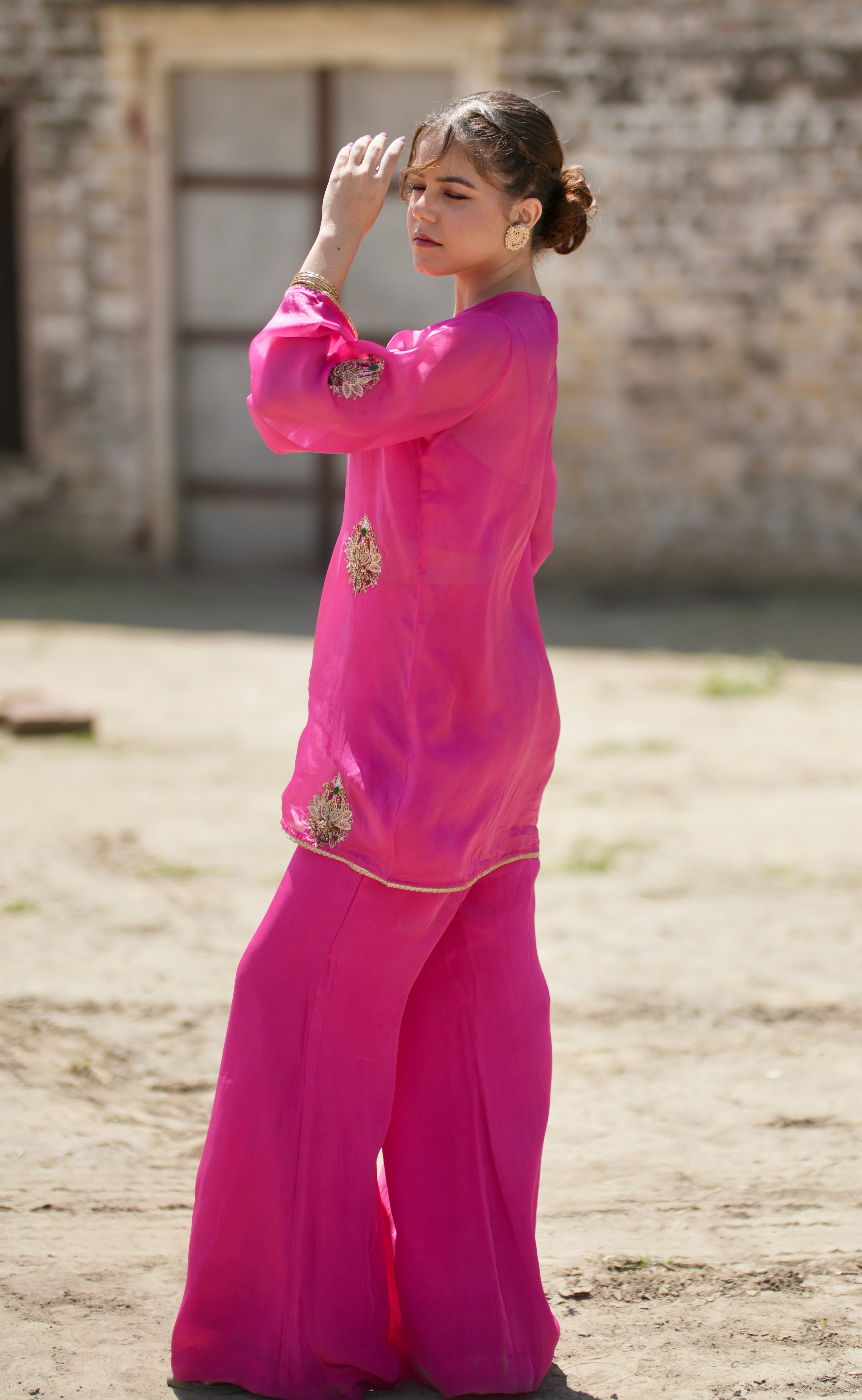 Ravaani Set | Fuchsia Pink Hand-Embroidered Silk Shirt with Bustier & Crepe Pants by Tarah by Tripti