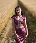 Mahru| Wine Burgundy Hand-Embroidered Gaji Silk Blouse & Skirt Set | Tarah by Tripti
