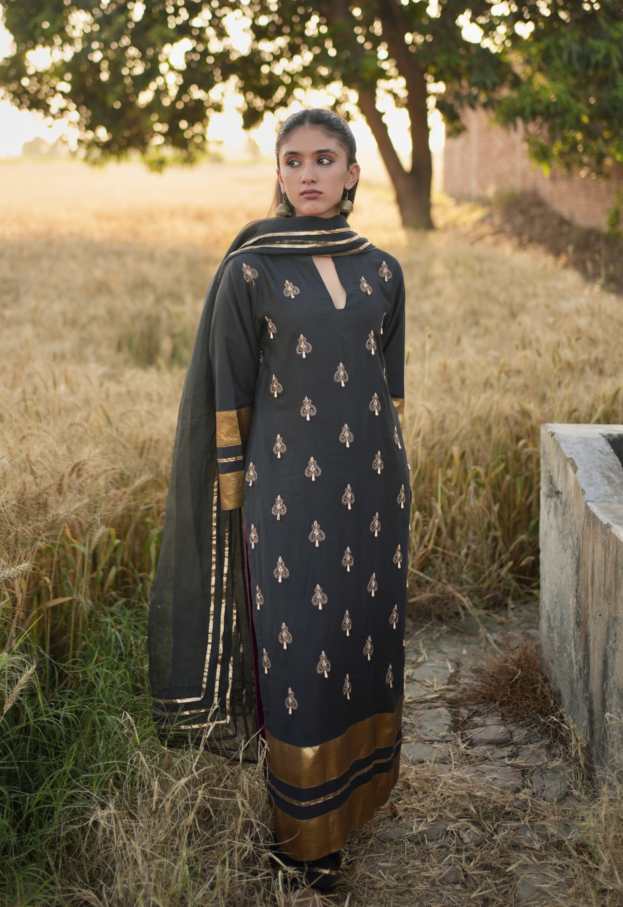 Zareen – Black Armani Silk Hand Embroidered Suit with Organza Dupatta