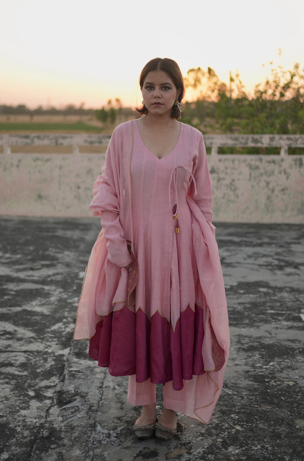 Arzoo – Pink Mul Chanderi Angrakha Style Anarkali Set