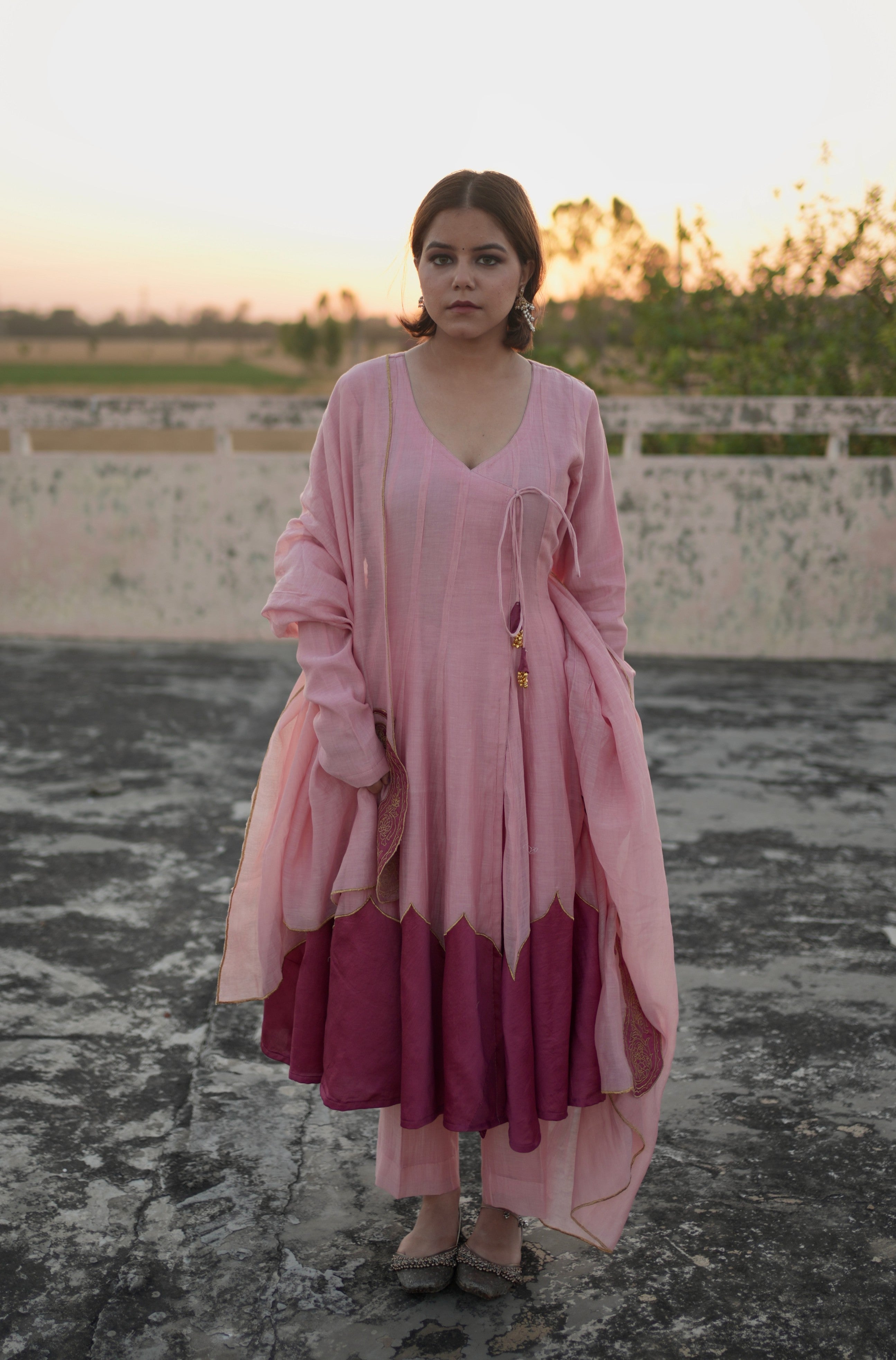 Arzoo – Pink Mul Chanderi Angrakha Style Anarkali Set
