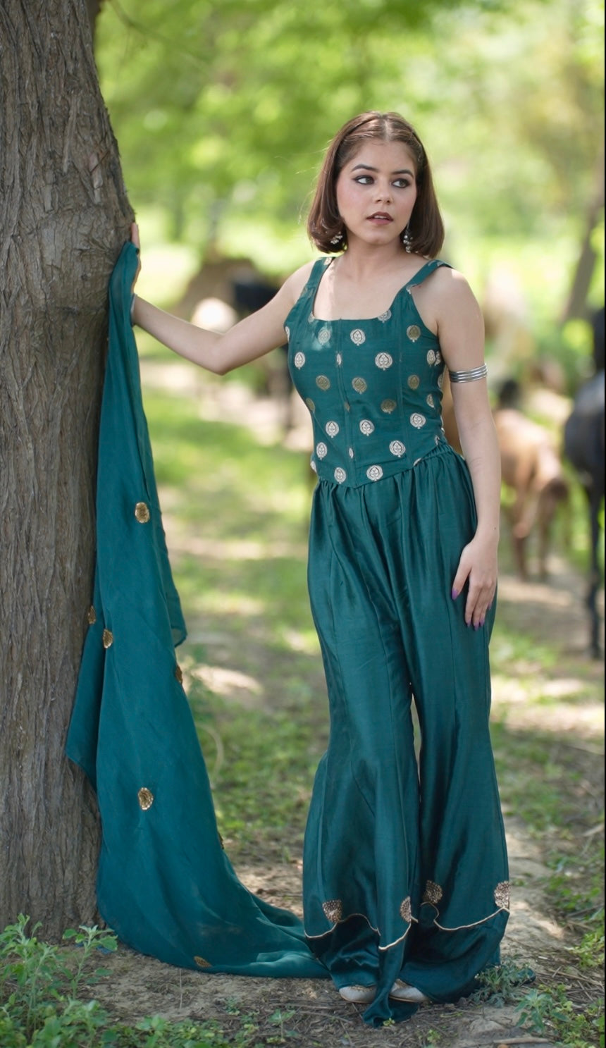 Taban| Deep Forest Green Silk Chanderi Corset Sharara Set | Tarah by Tripti