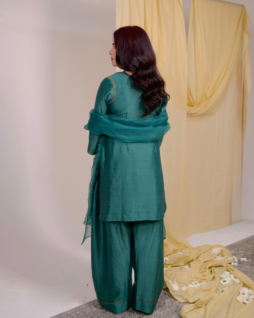 Teal green Chanderi Silk Salwar Kameez and a lightweight dupatta | Tarah by Tripti