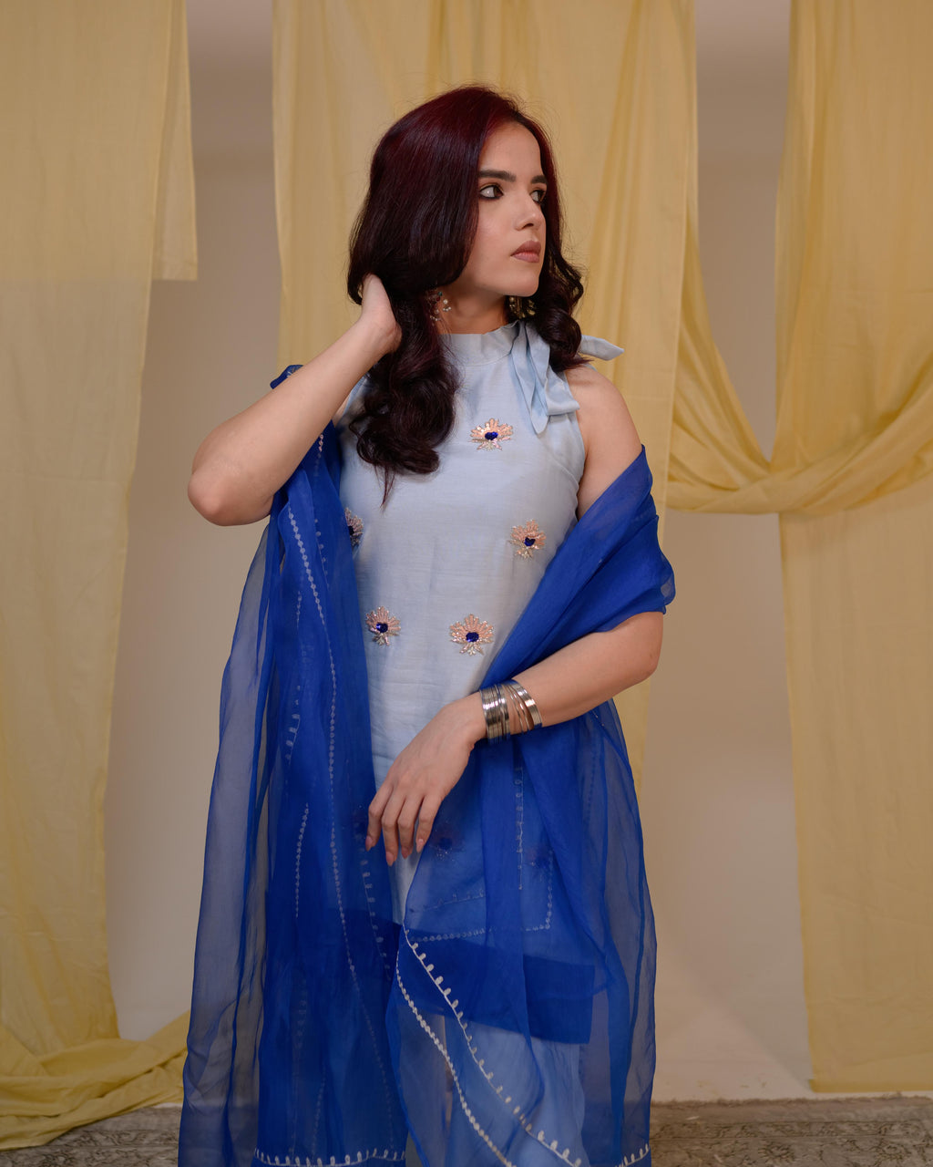 Powder Blue Palazzo Suit Set with Royal Blue Dupatta | Tarah by Tripti