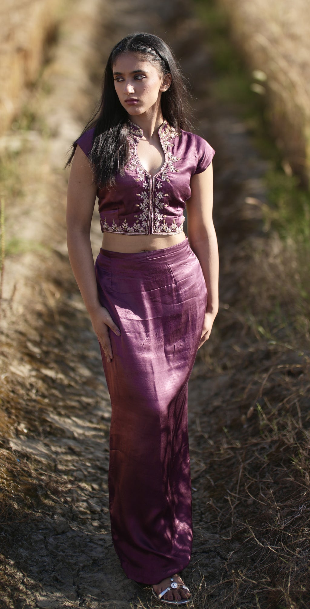 Mahru| Wine Burgundy Hand-Embroidered Gaji Silk Blouse & Skirt Set | Tarah by Tripti