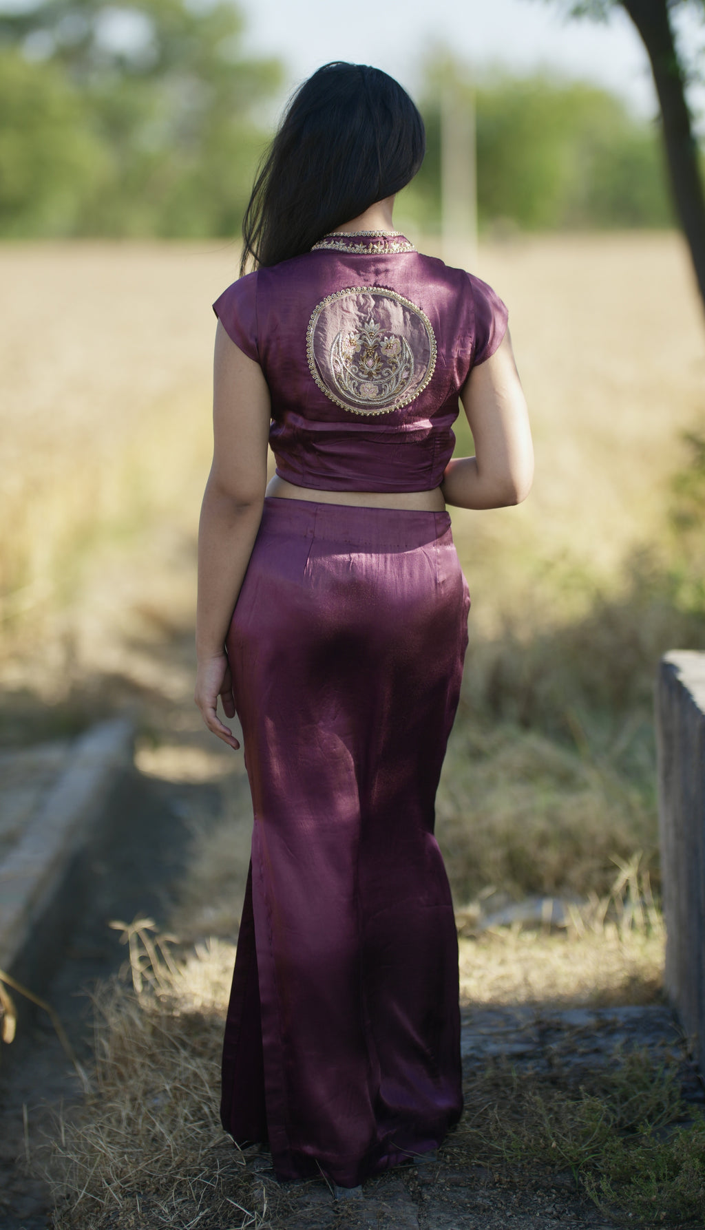 Mahru| Wine Burgundy Hand-Embroidered Gaji Silk Blouse & Skirt Set | Tarah by Tripti