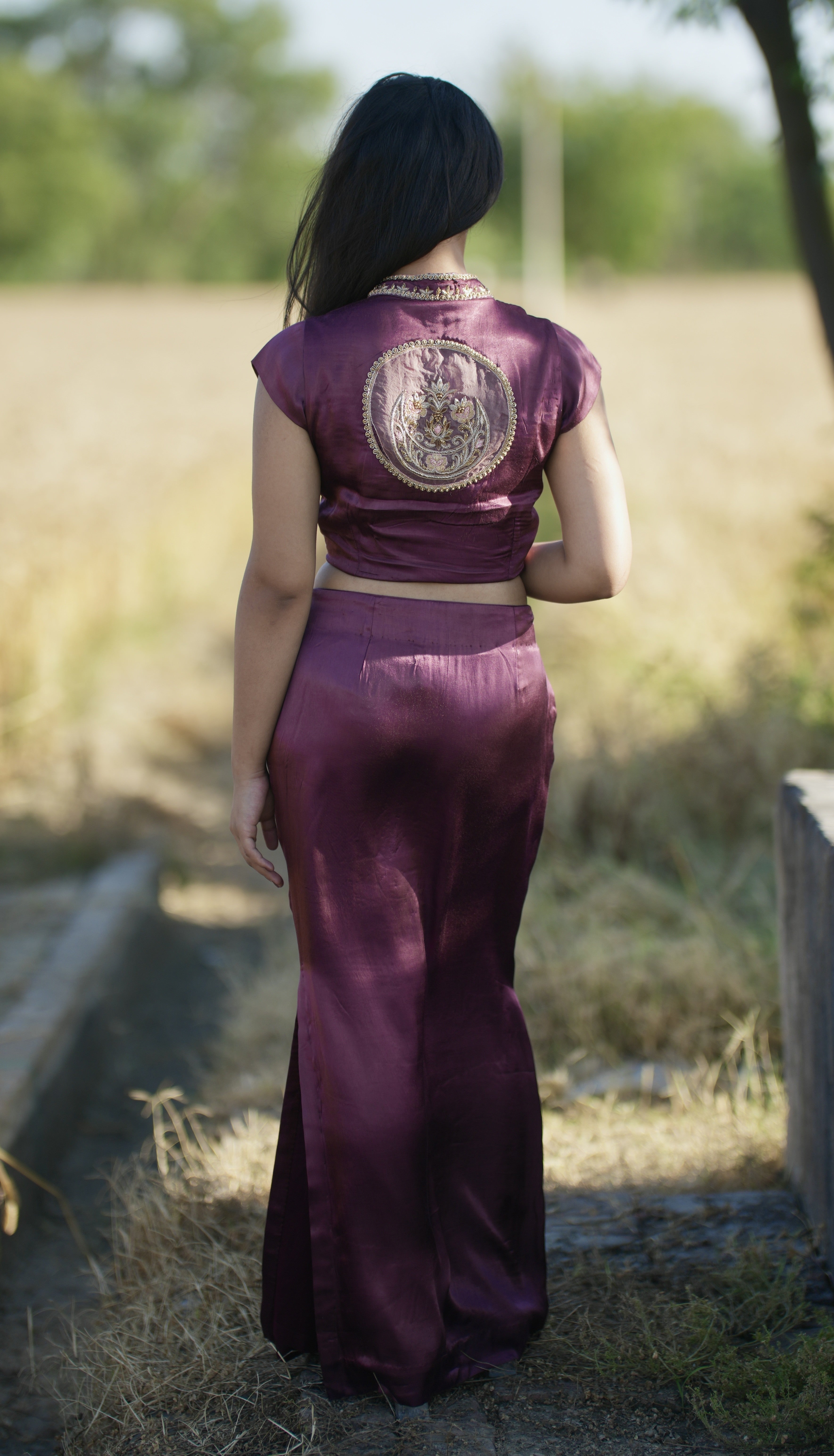 Mahru| Wine Burgundy Hand-Embroidered Gaji Silk Blouse & Skirt Set | Tarah by Tripti