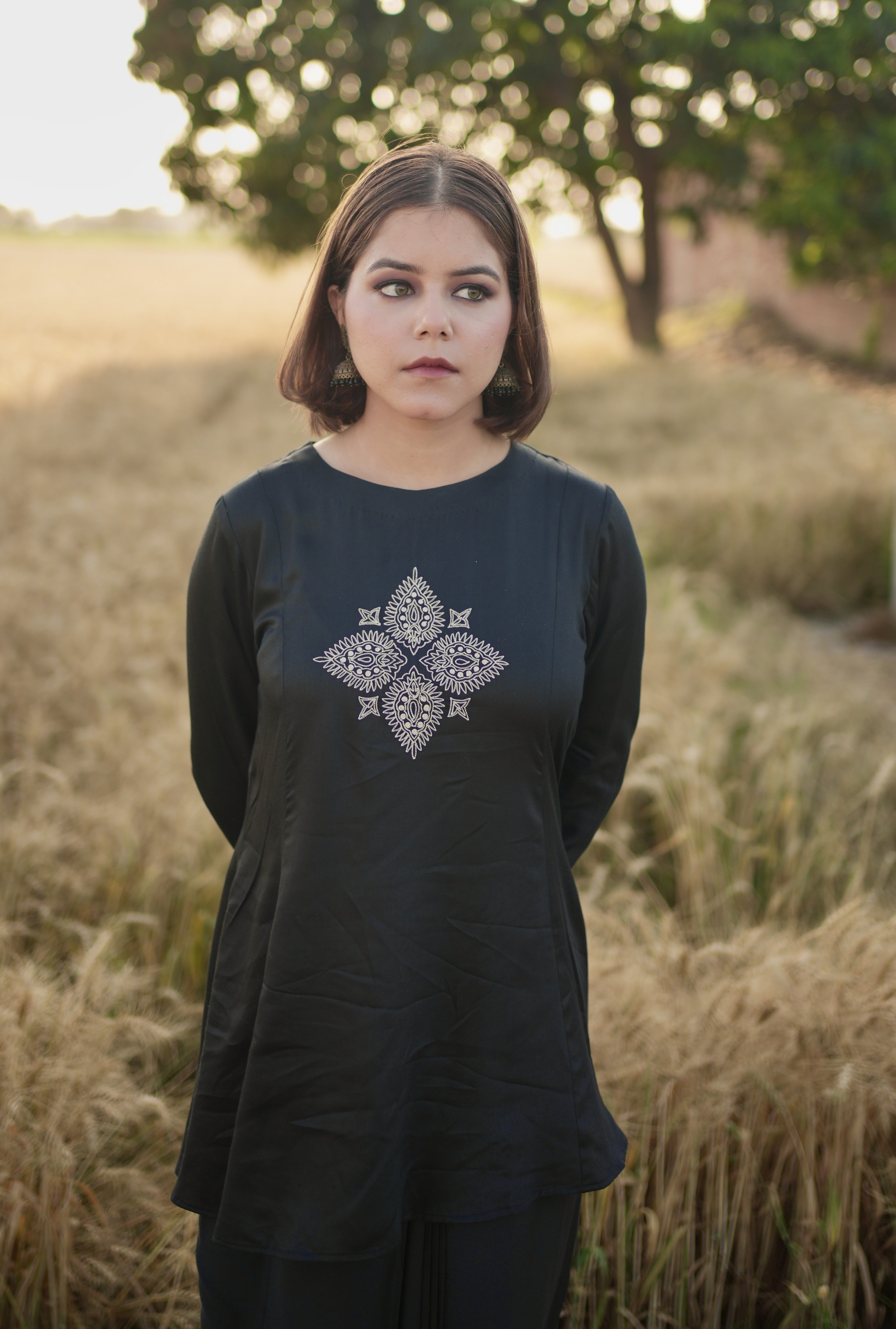 Leila| Black Modal Cotton Peplum Set with Hand Embroidery for Women| Tarah by Tripti