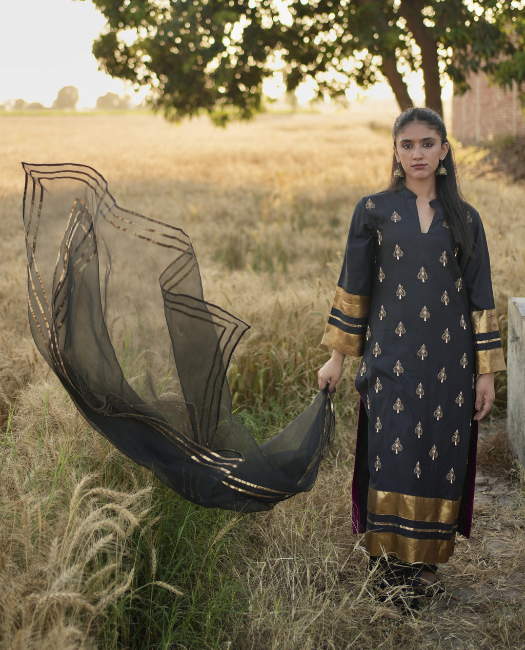 Zareen – Black Armani Silk Hand Embroidered Suit with Organza Dupatta