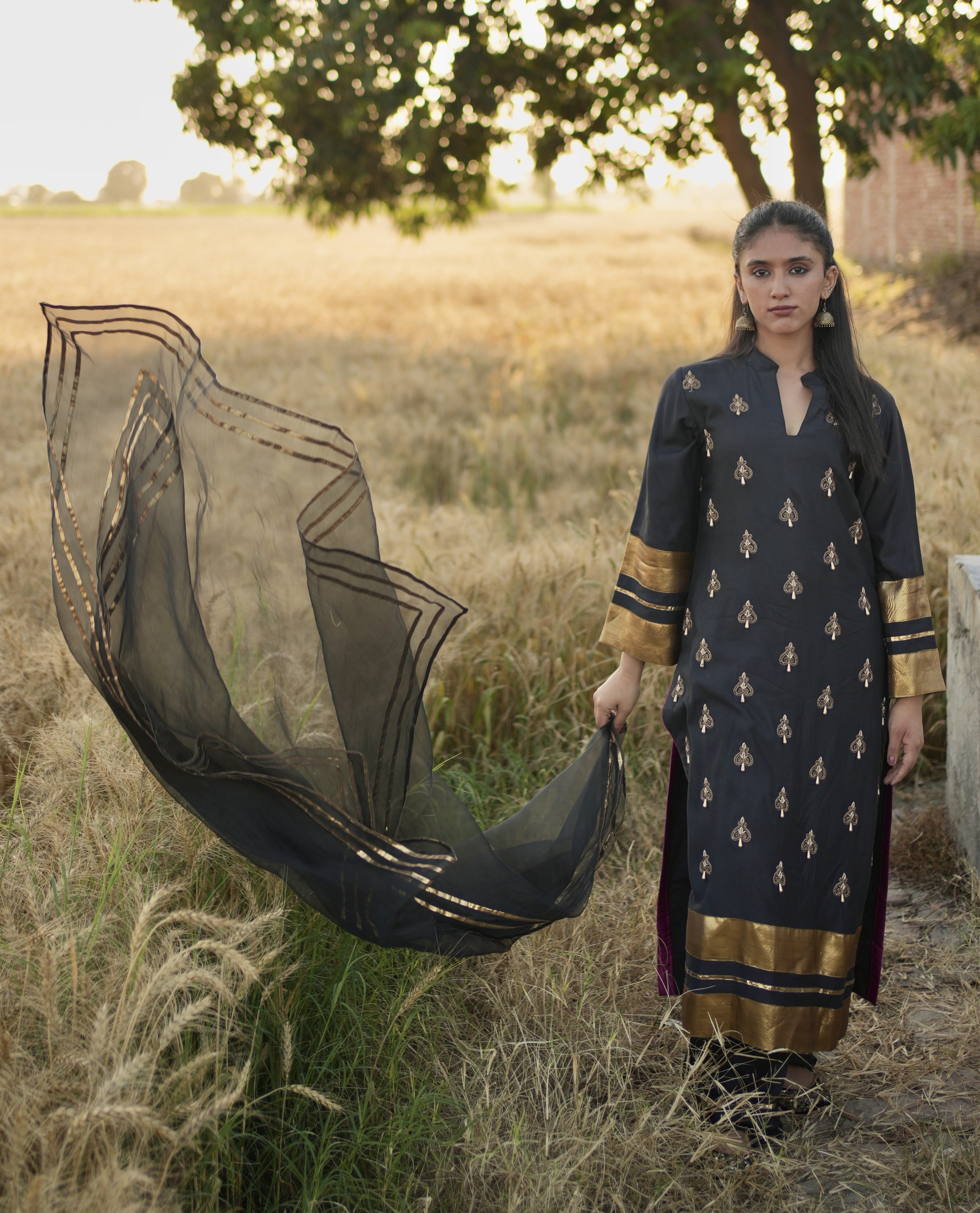 Zareen – Black Armani Silk Hand Embroidered Suit with Organza Dupatta