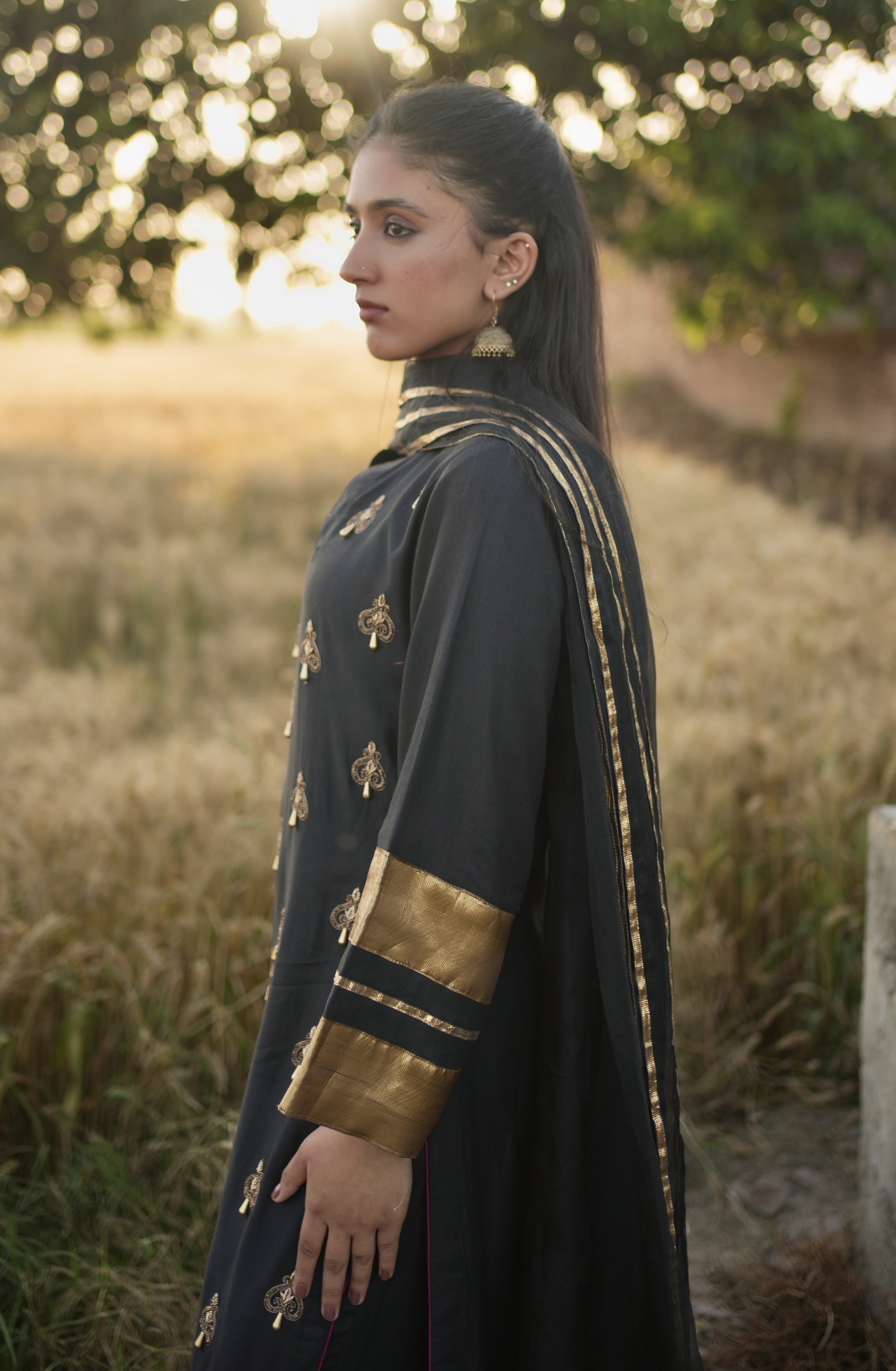 Zareen – Black Armani Silk Hand Embroidered Suit with Organza Dupatta