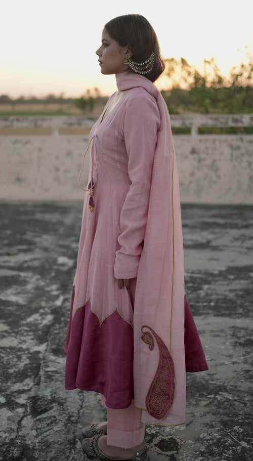 Arzoo – Pink Mul Chanderi Angrakha Style Anarkali Set