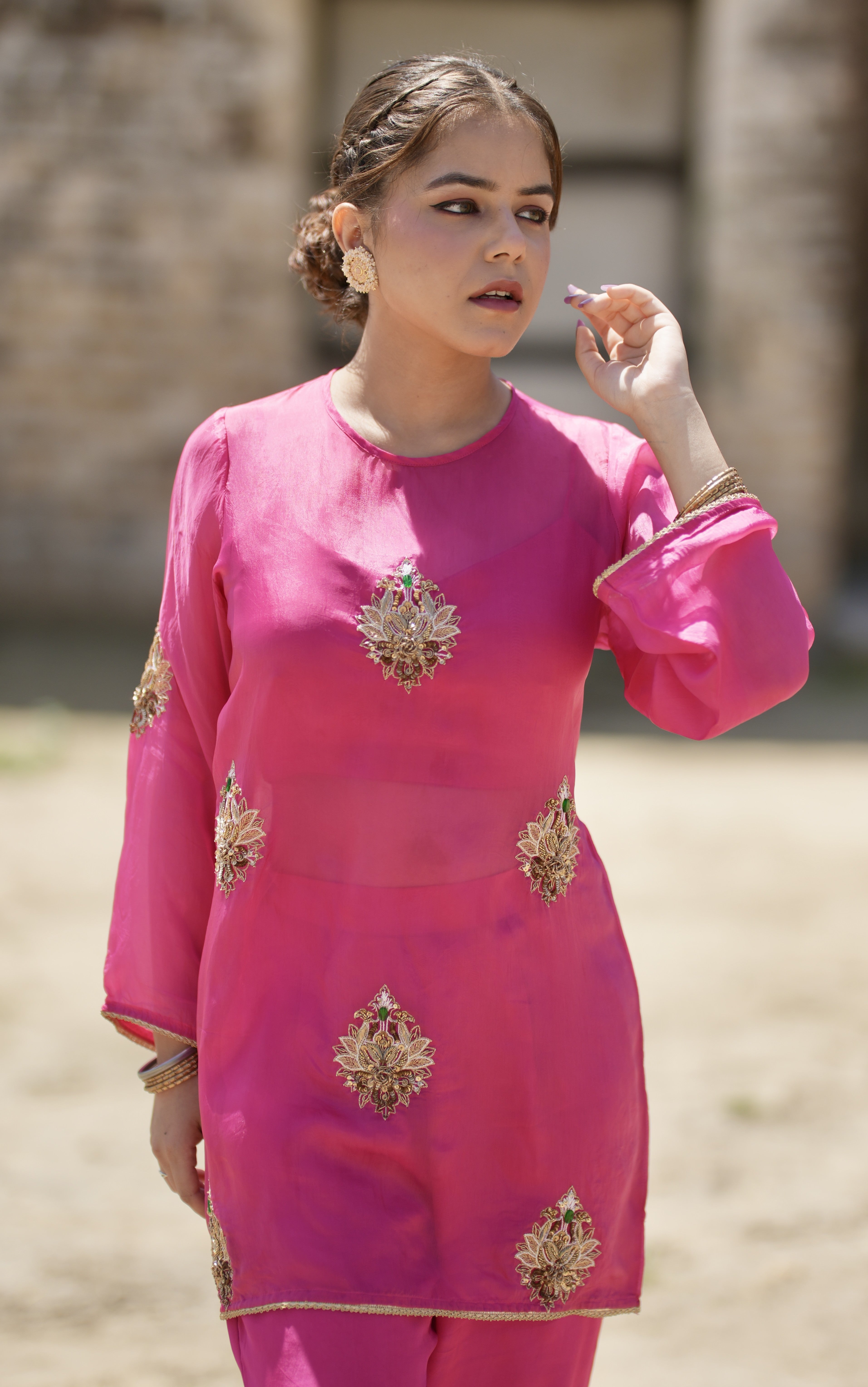 Ravaani Set | Fuchsia Pink Hand-Embroidered Silk Shirt with Bustier & Crepe Pants by Tarah by Tripti