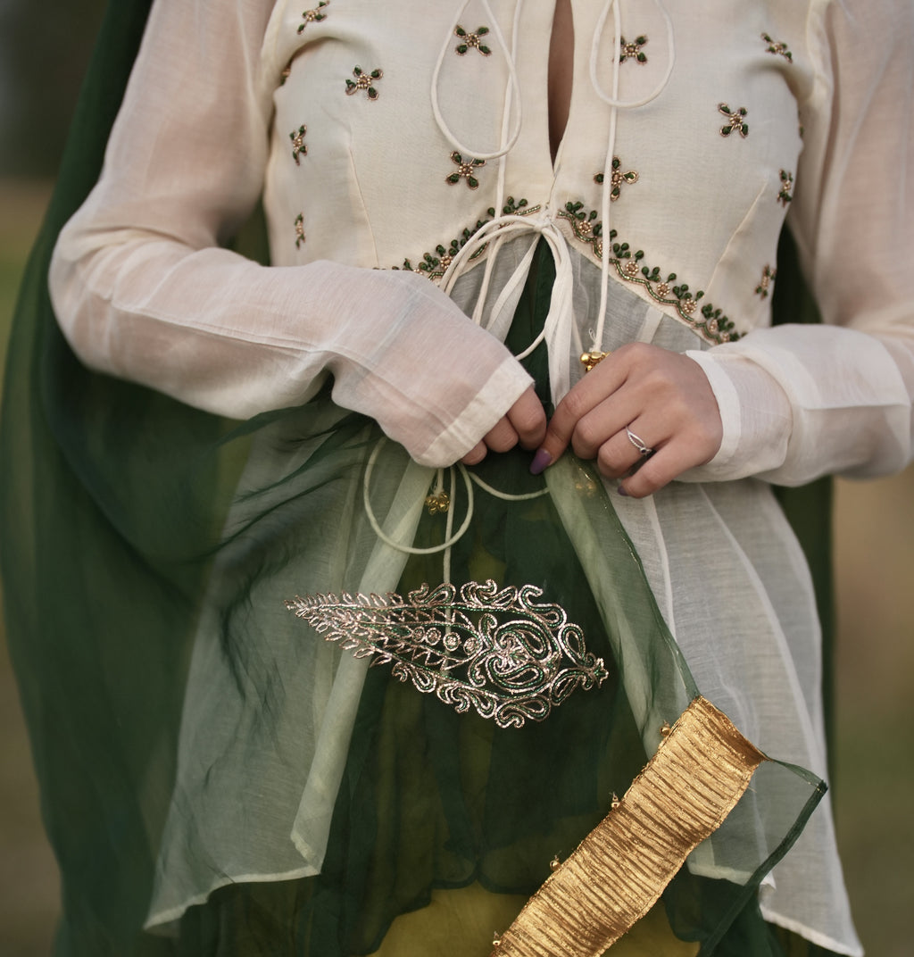 Inayat | Ivory & Yellow Silk Chanderi Hand-Embroidered Fusion Set