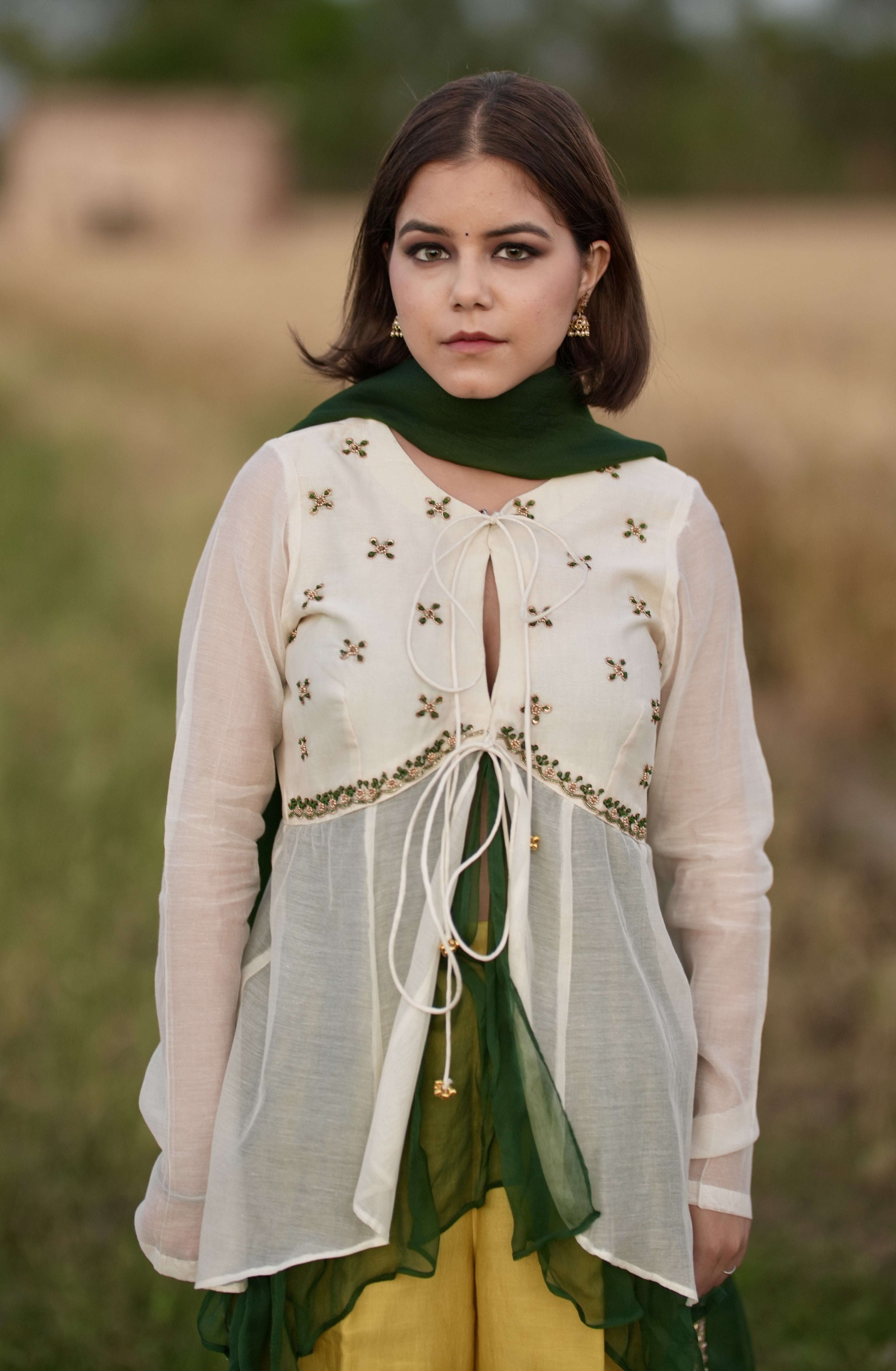 Inayat | Ivory & Yellow Silk Chanderi Hand-Embroidered Fusion Set