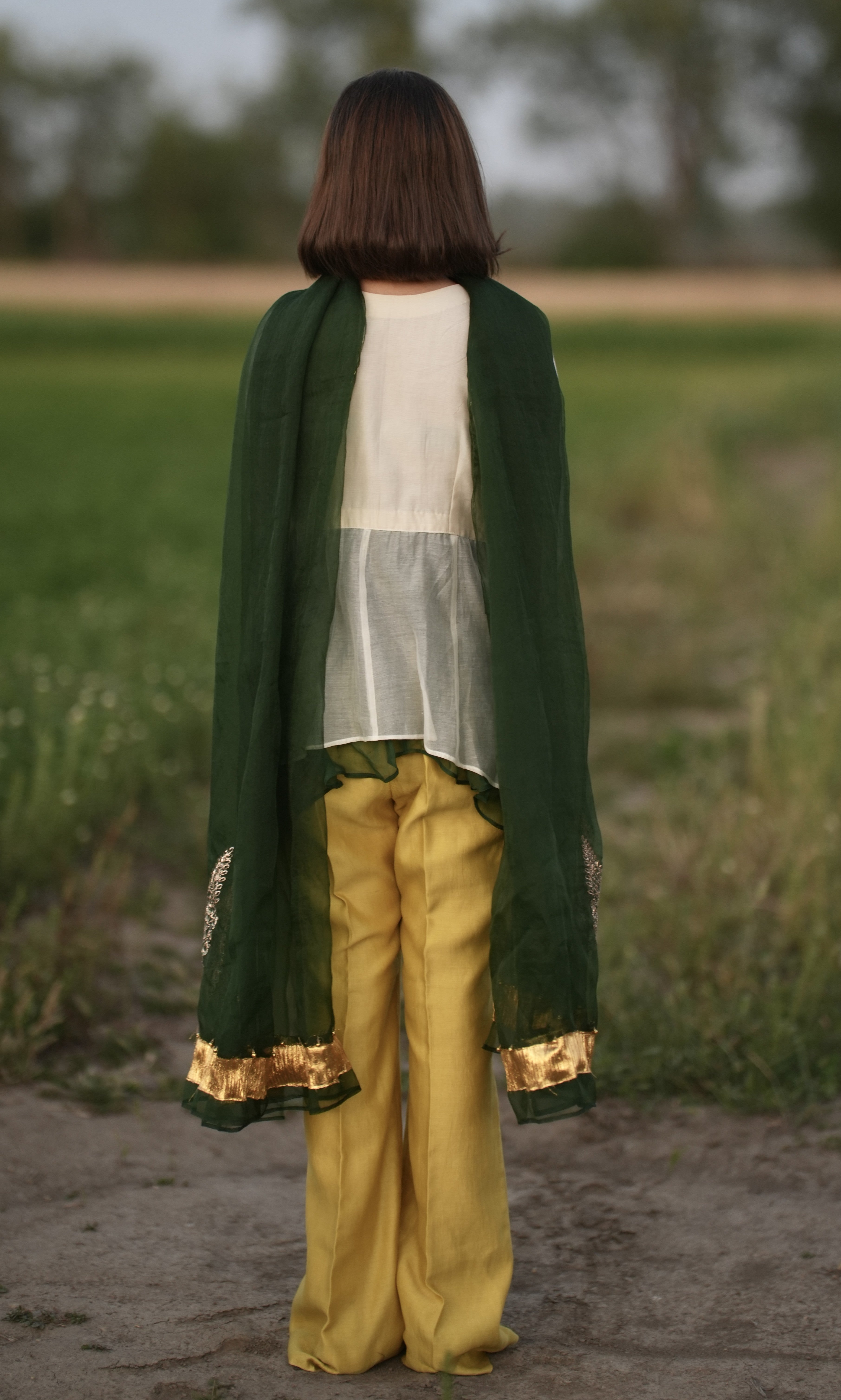 Inayat | Ivory & Yellow Silk Chanderi Hand-Embroidered Fusion Set