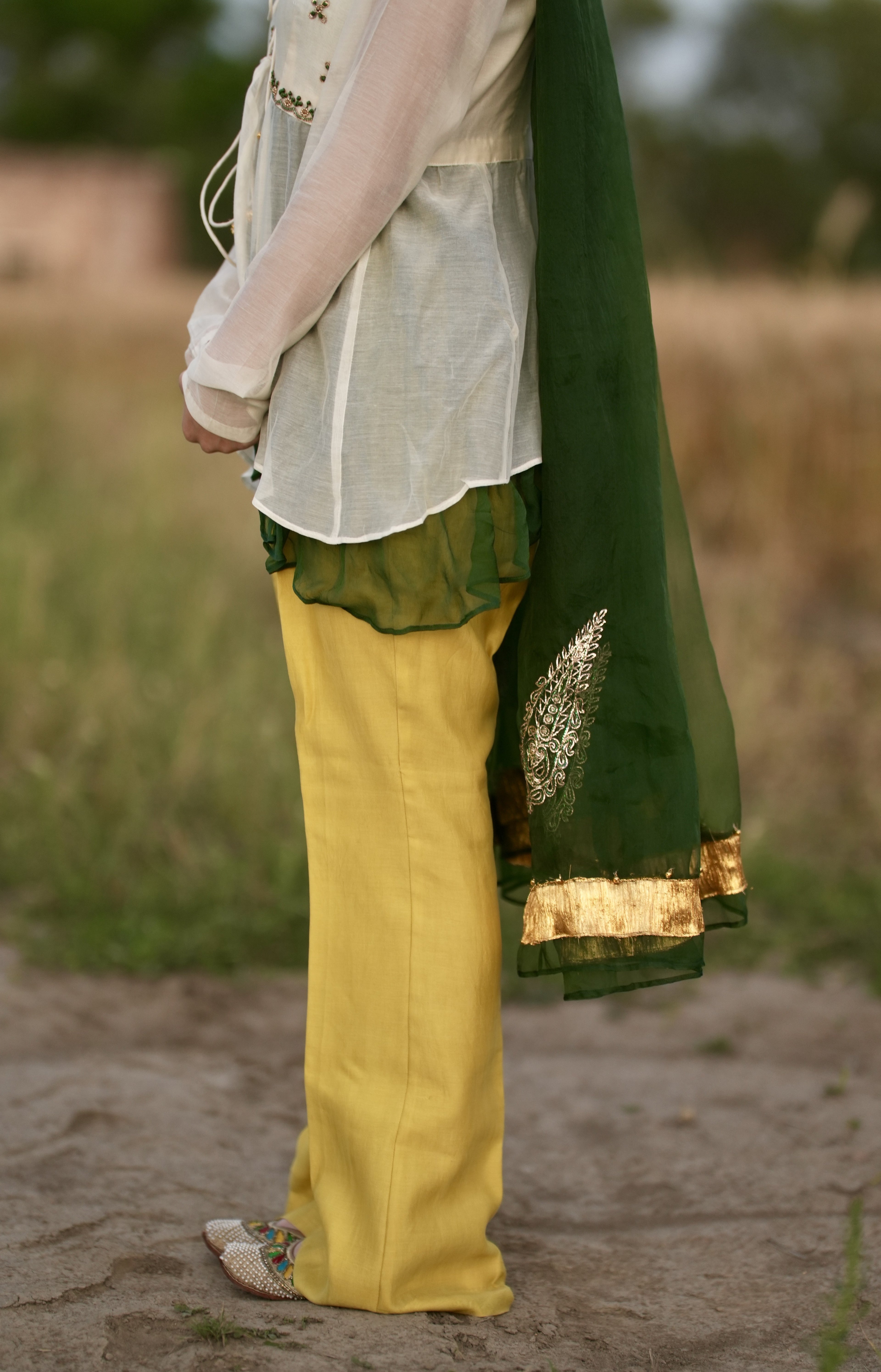 Inayat | Ivory & Yellow Silk Chanderi Hand-Embroidered Fusion Set