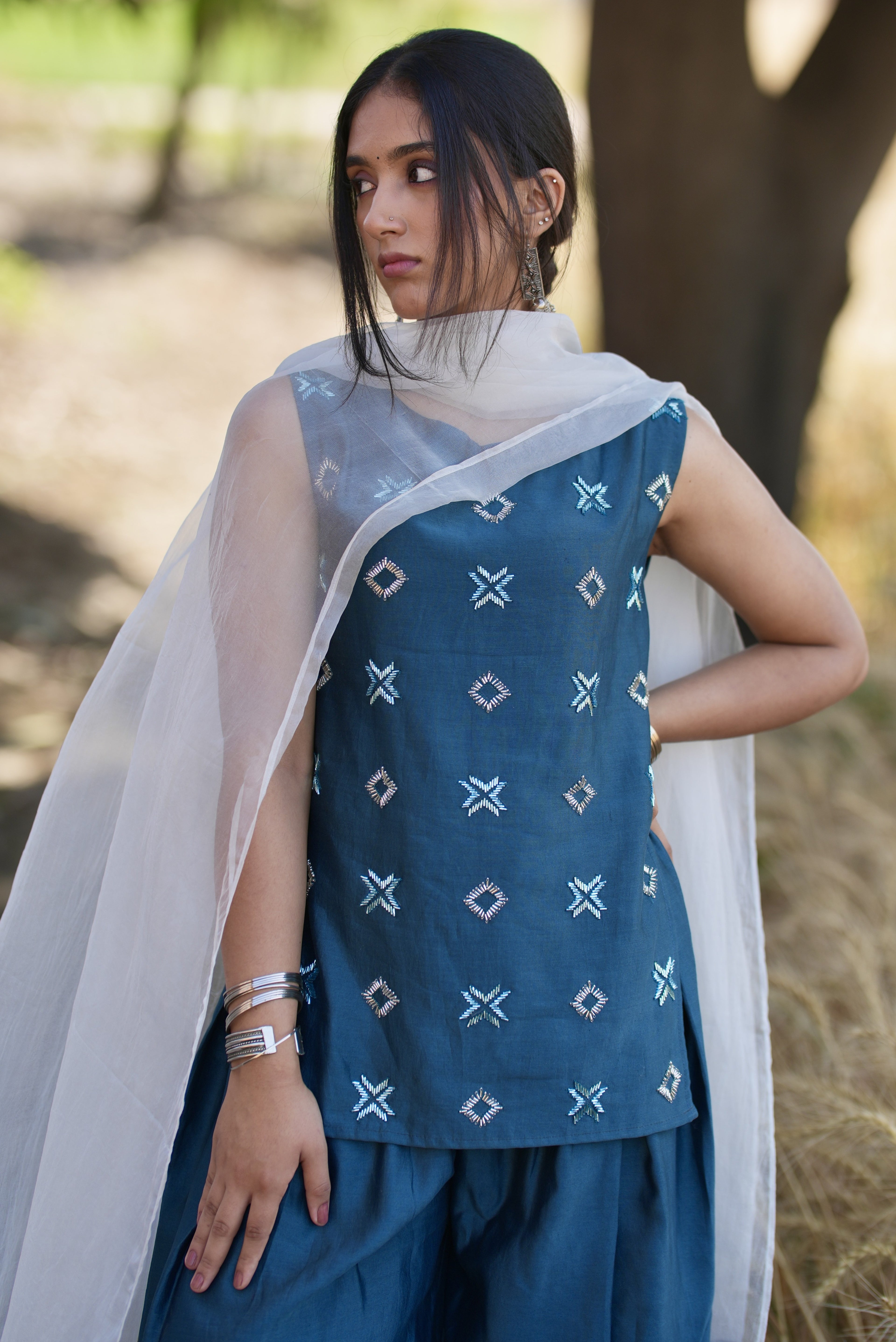 Phulwari – Chanderi Silk Short Kurta with Farshi Salwar & Organza Dupatta