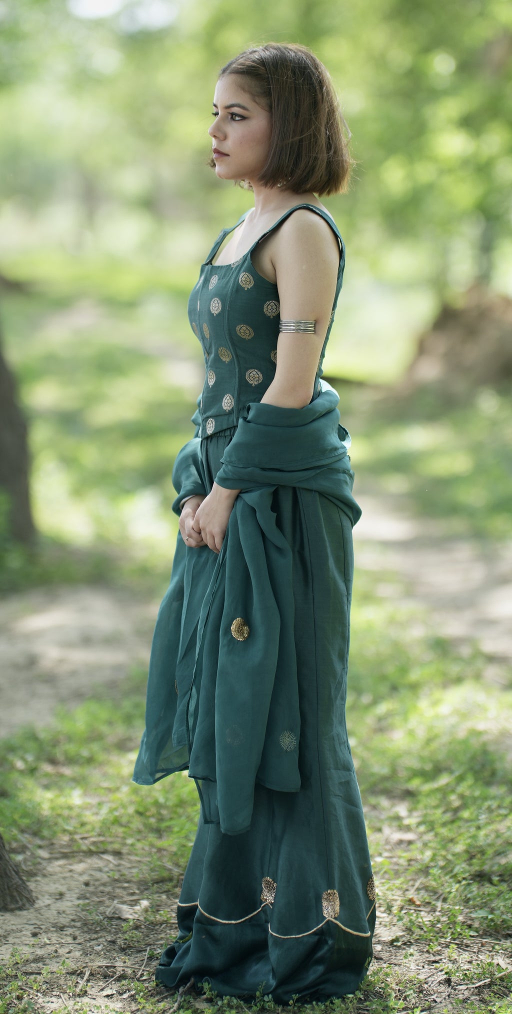Taban| Deep Forest Green Silk Chanderi Corset Sharara Set | Tarah by Tripti