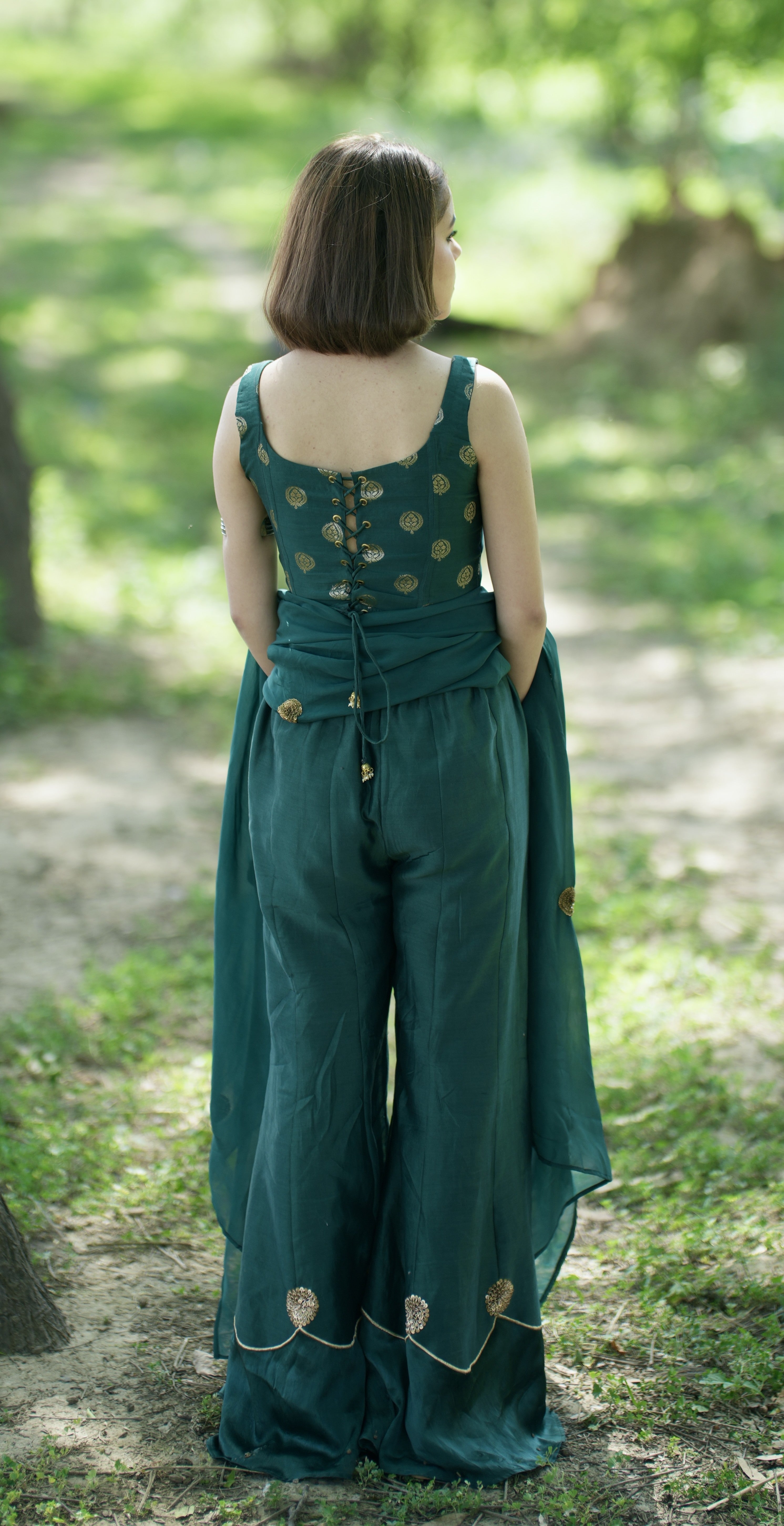 Taban| Deep Forest Green Silk Chanderi Corset Sharara Set | Tarah by Tripti